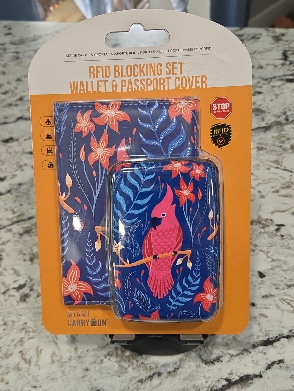 RFID Blocking Wallet & Passport Cover — Blue Floral with Pink Parrot